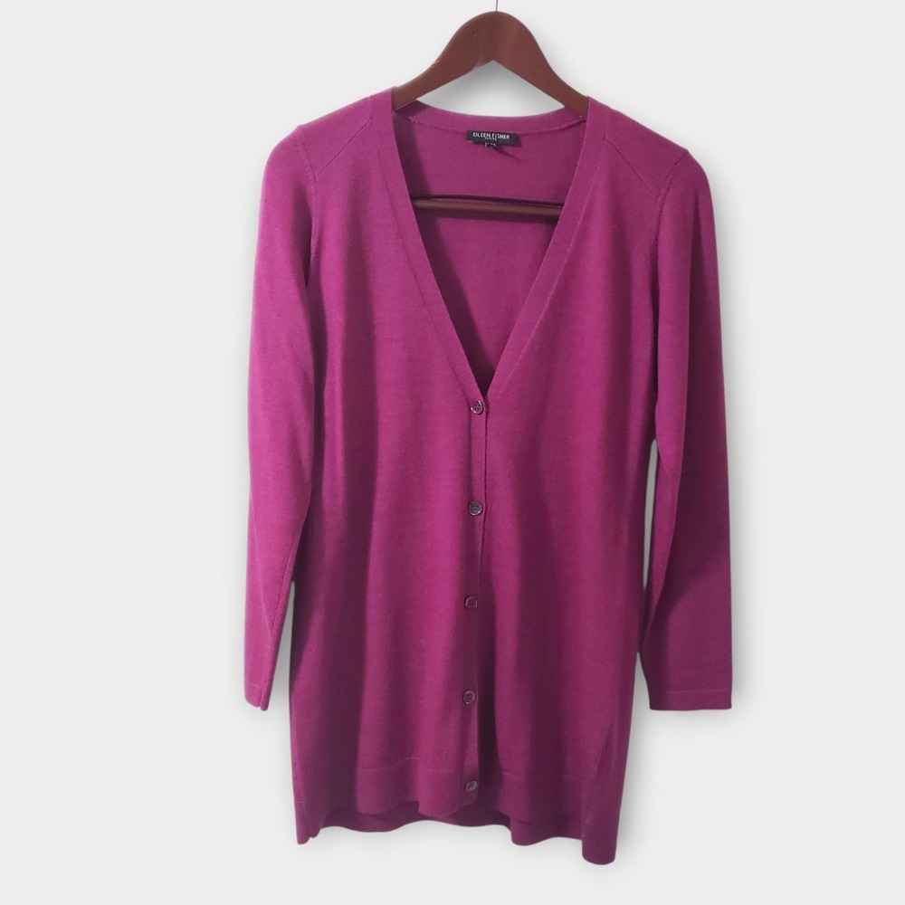 Eileen Fisher Petite Merino Wool Button Front Longlined Cardigan Mulberry PM